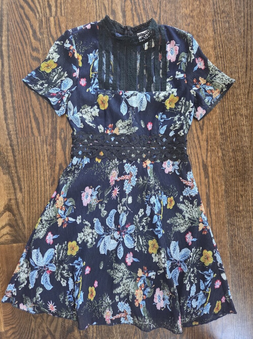Anthropologie Foxiedox Navy Floral Mini Dress With Black‎ Mesh And Lace Details